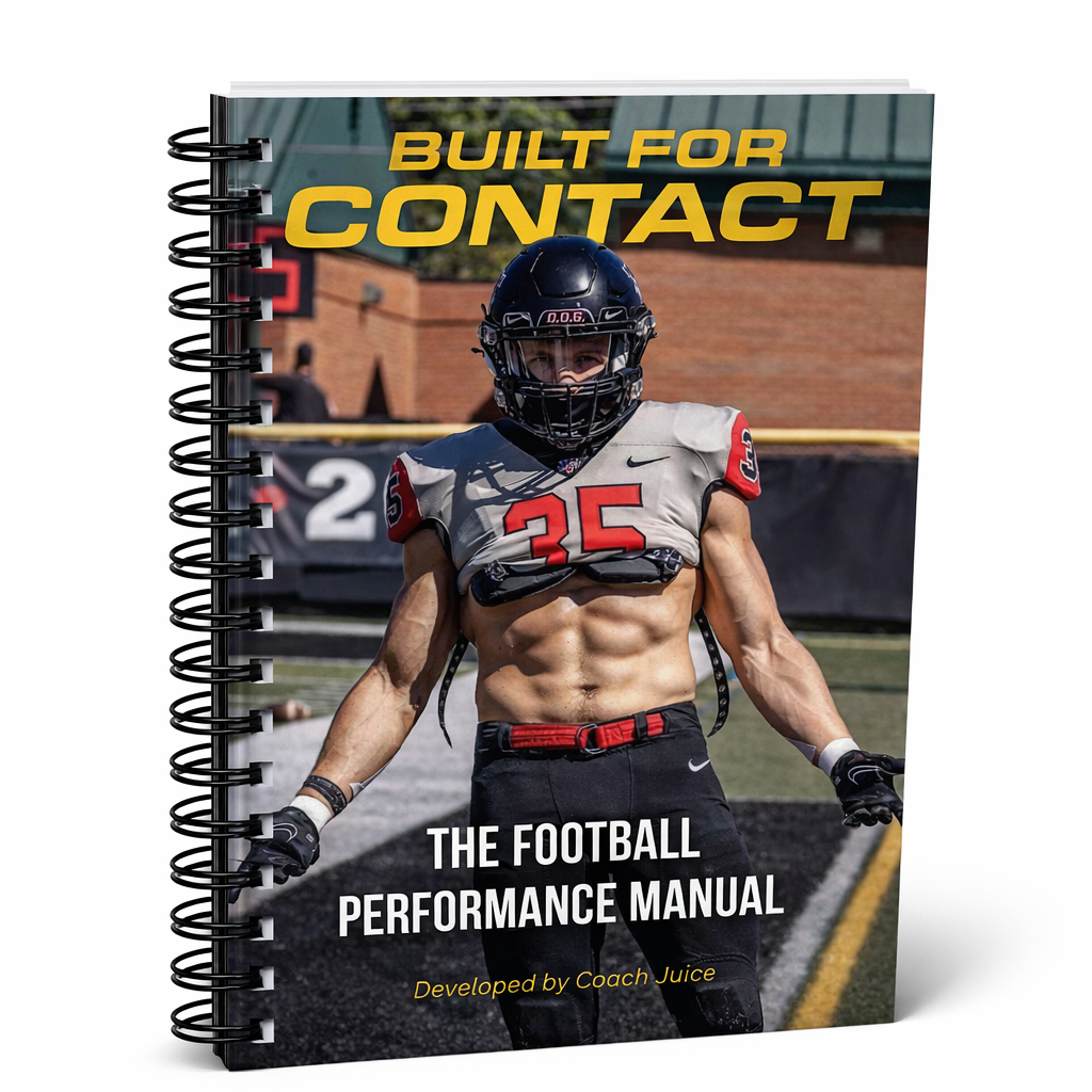 Football performance manual titled 'Built for Contact' with a player on the cover.